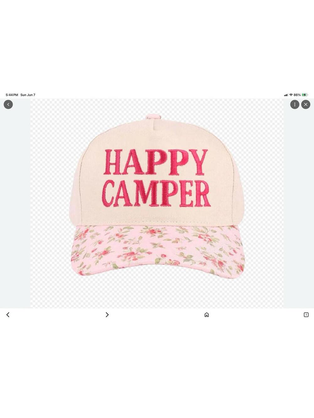 HAPPY CAMPER Embroidered 2-Tone PINK FLORAL Hat Cap Adjustable NEW